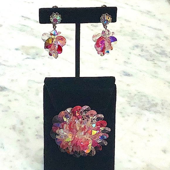 VENDOME BROACH & EARRINGS PINK & CLEAR AURORA BOREALIS CRYSTALS SILVER VINTAGE - Picture 7 of 14